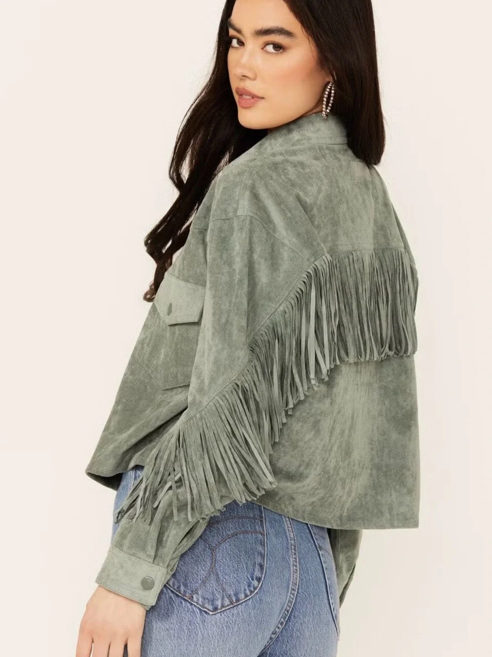 BLANKNYG - Free People - Fringe Jacket - Faux Suede - women’s sz L - Sage Green - Picture 2 of 11